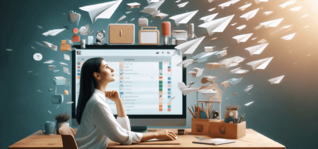 Comment migrer de Trello à Notion efficacement ? Un femme travaillant sur Notion, l'esprit libre en regardant ses tâches effectuées, symbolisée par des avons papiers qui s'envolent.