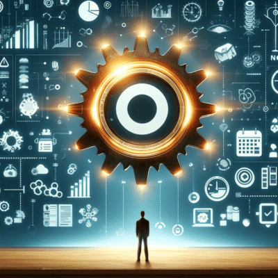 Optimiser l'utilisation de Notion - une roue crantée avec autour des symboles sur les fonctionnalités avancées de Notion.