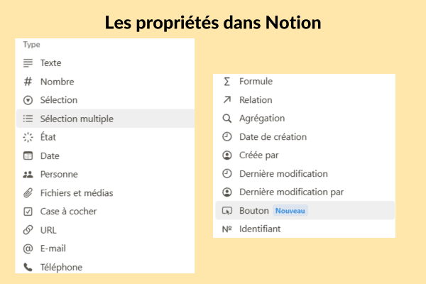 Les différentes propriétés possibles dans Notion