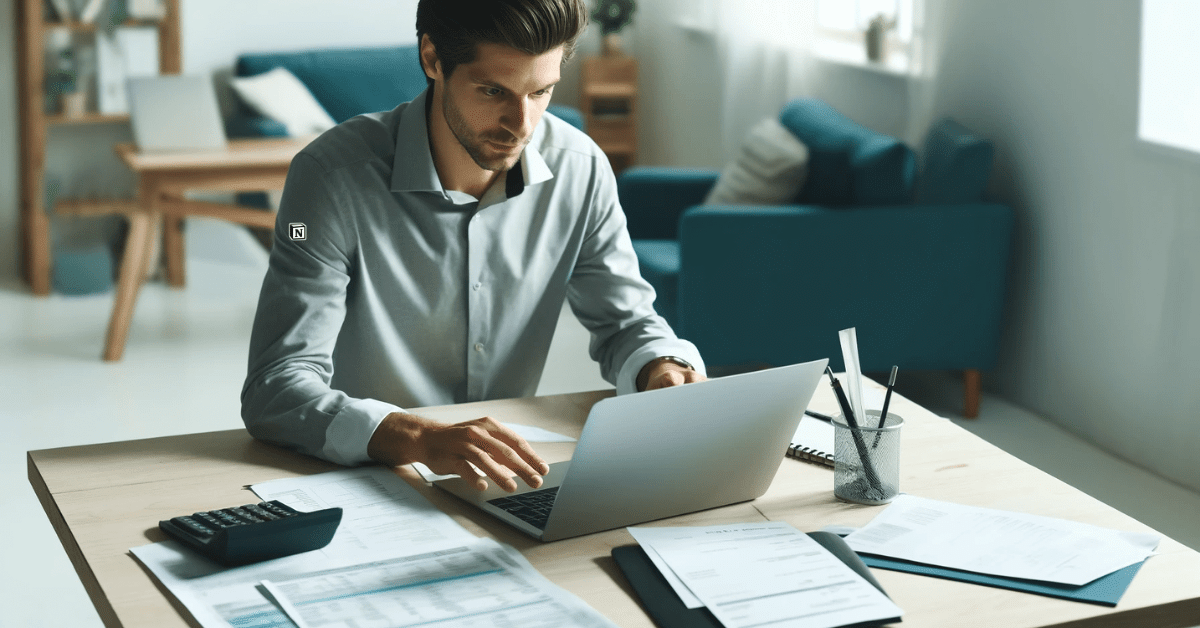 image montrant un entrepreneur travaillant sur son ordinateur portable à un bureau avec quelques factures et documents financiers