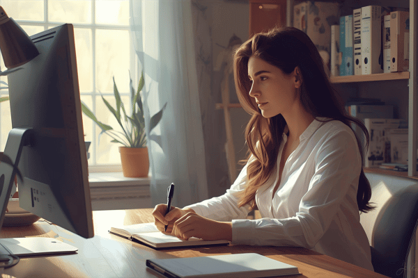 Gestion administrative – Le Clavier de Val Assistante indépendante travaillant sur ordinateur pour la gestion administrative d'une TPE