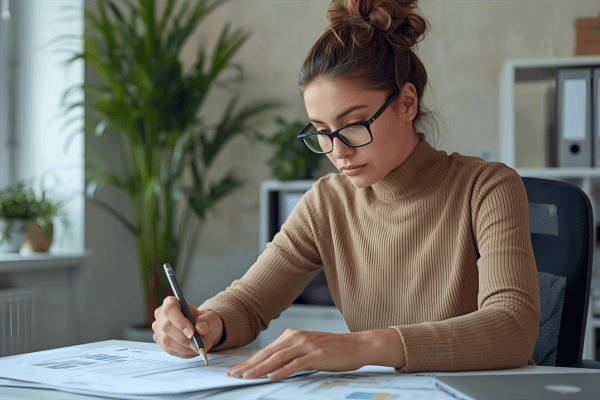 Assistante indépendante travaillant sur ordinateur pour le suivi financier et la trésorerie d'une TPE.