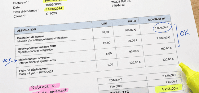 Mentions obligatoires sur une facture : ce qu’il faut vérifier Facture professionnelle avec annotations et mentions obligatoires