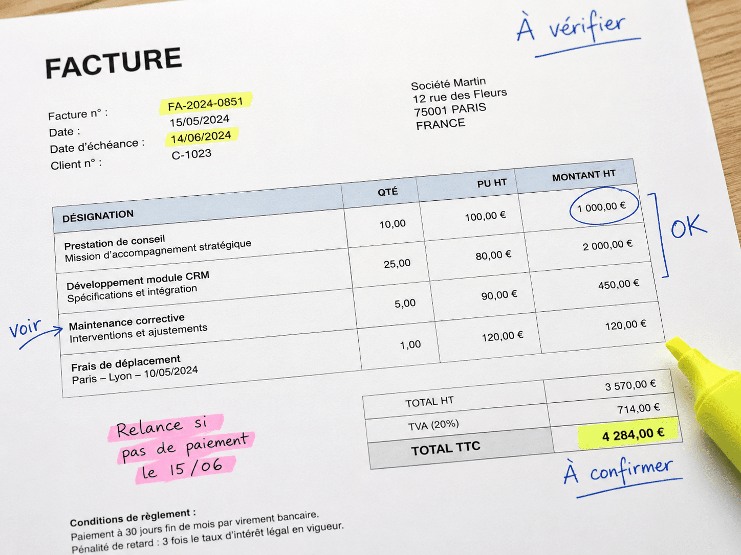 Facture professionnelle avec annotations et mentions obligatoires
