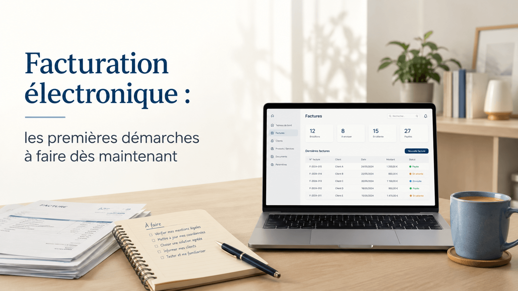 Bureau organisé avec un ordinateur affichant un logiciel de facturation, illustrant les premières démarches de la facturation électronique pour les TPE.