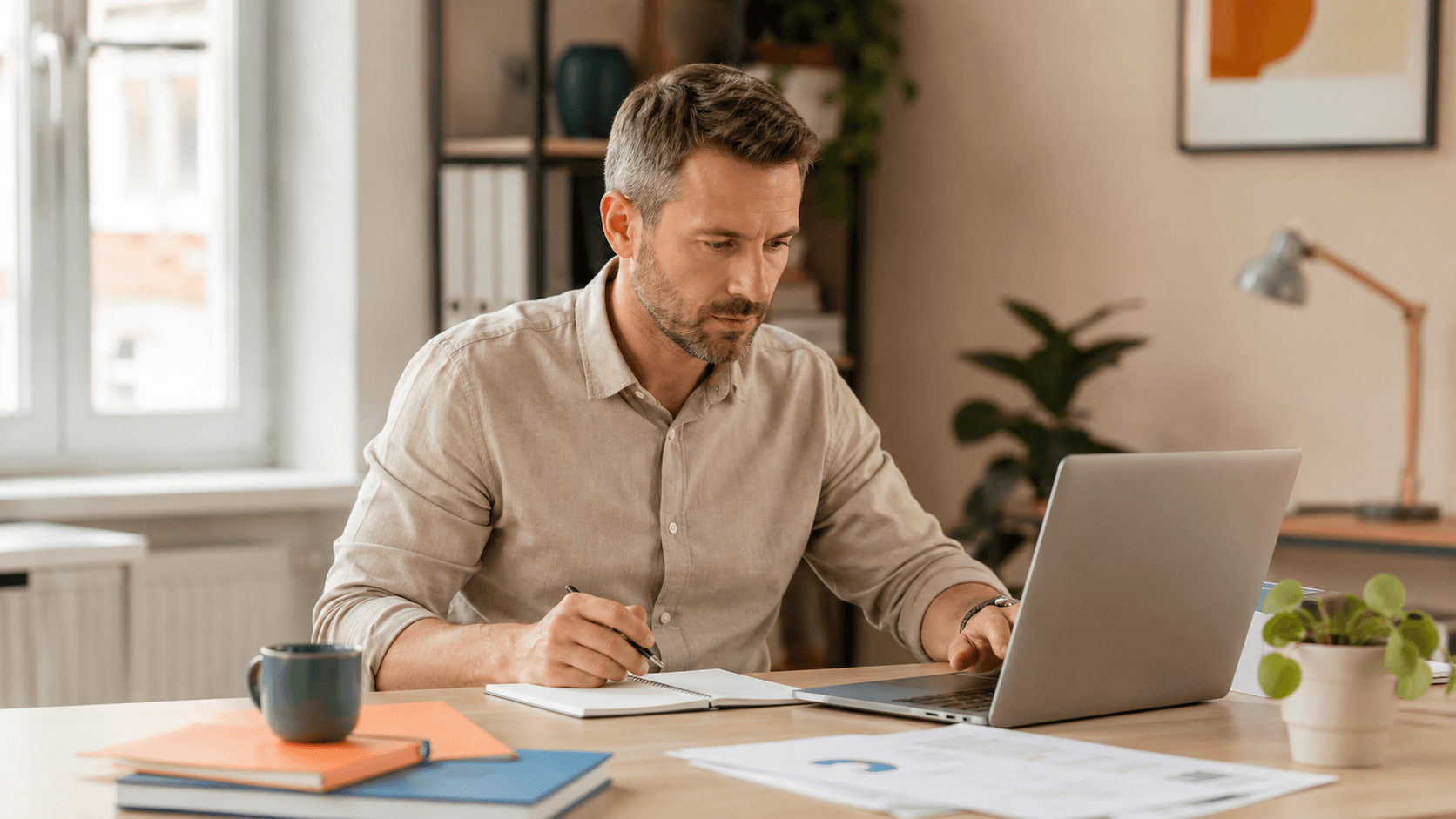 Dirigeant de TPE travaillant sur sa gestion administrative avant de faire appel à une assistante indépendante.