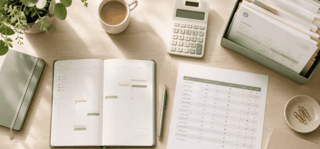 Bureau organisé avec agenda, factures et tableau de suivi pour gérer la trésorerie d'une TPE.