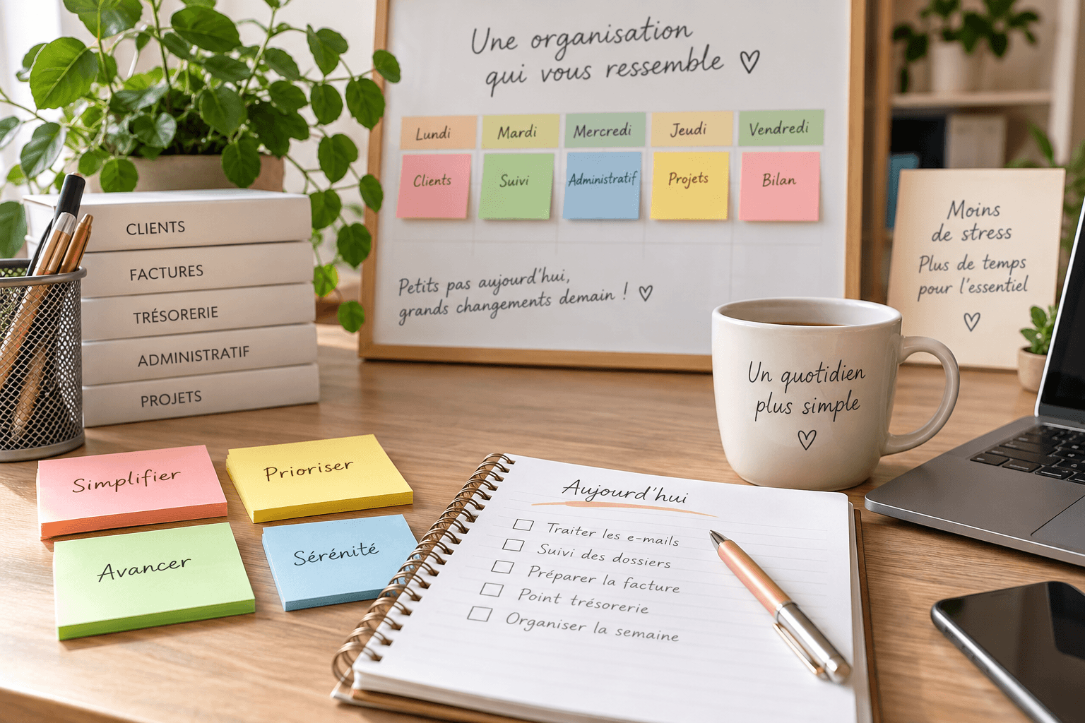 Bureau organisé avec planning, checklist et post-it pour mieux organiser sa TPE