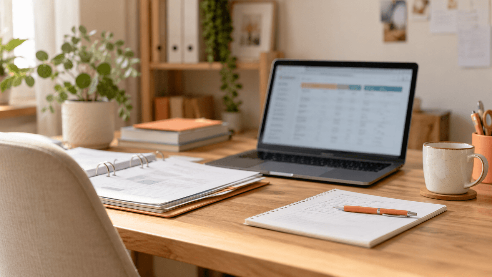 Suivi et organisation des tâches administratives Bureau avec un ordinateur portable, un dossier ouvert et une liste de tâches administratives
